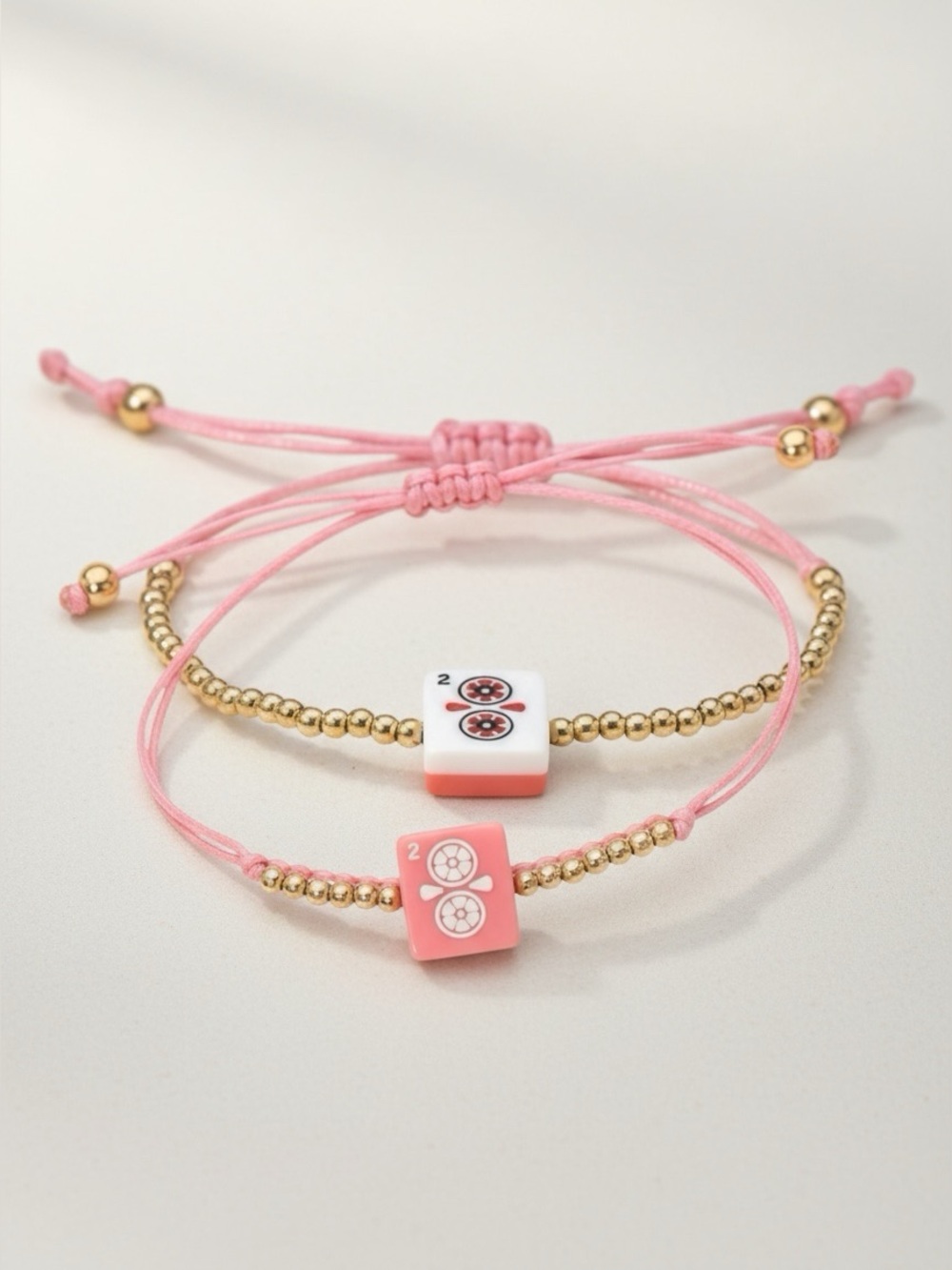 Mahjong Tile Charm Bracelet Pink Adjustable Gold Beaded Bracelet NWT